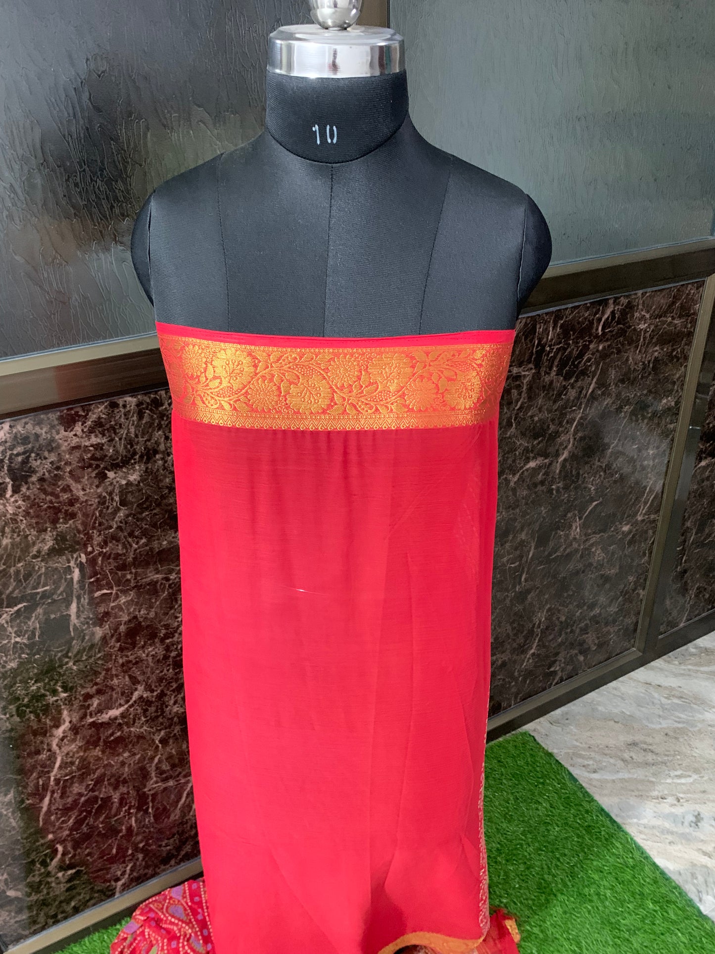 (Red)Printed bandhani chiffon saree