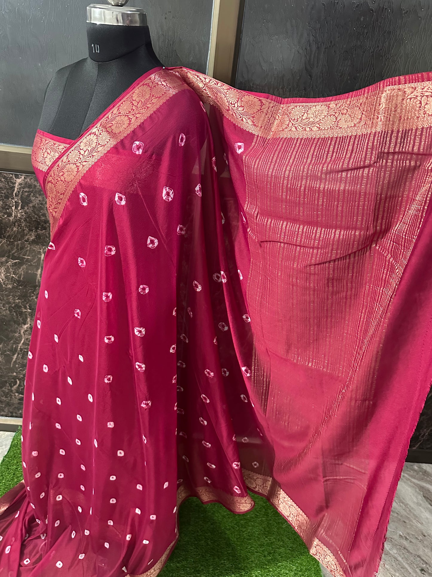 (Maroon) chiffon bandhani saree
