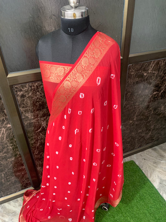 (Red)Chiffon bandhani saree