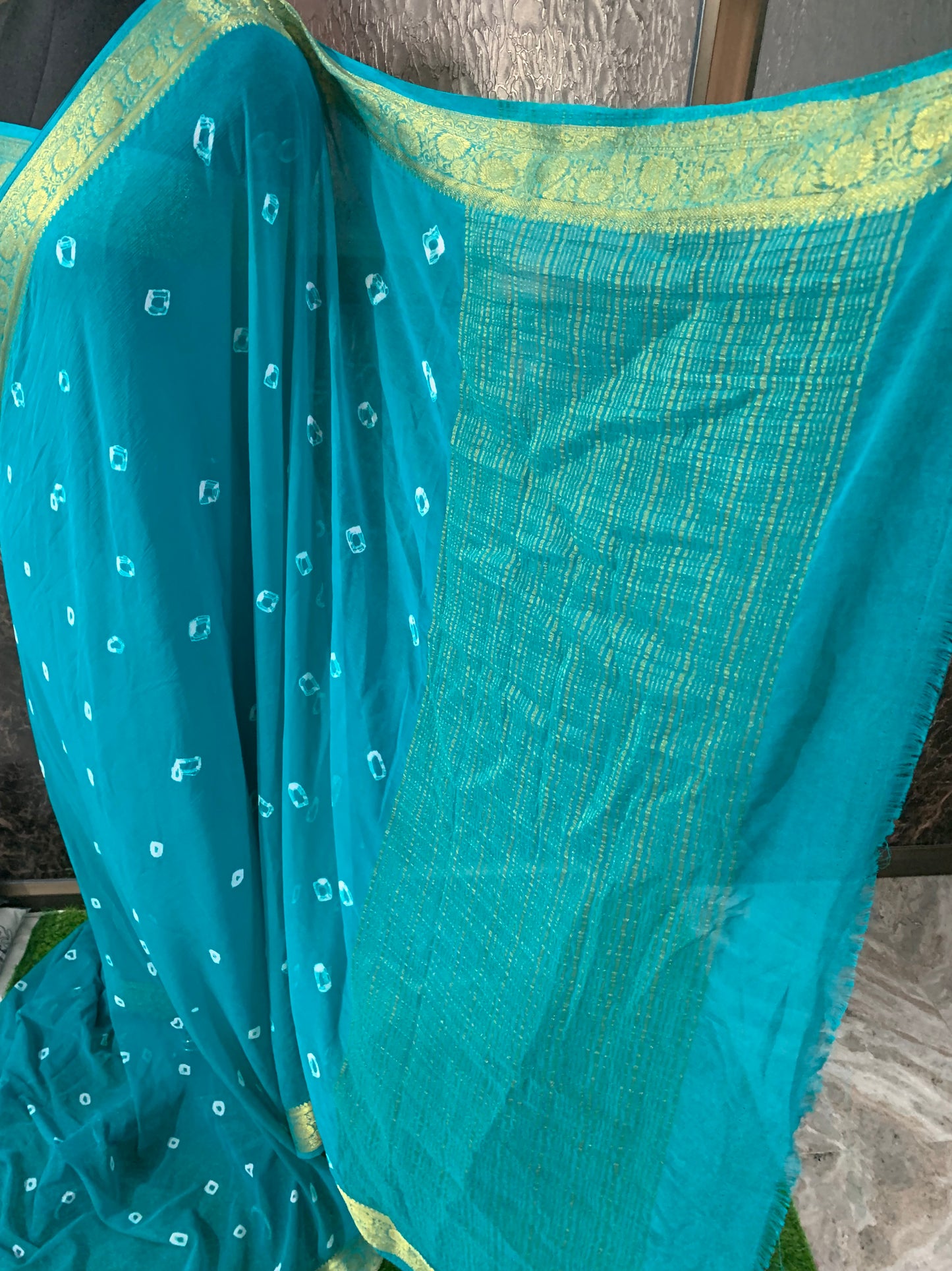 (Sea green) Chiffon bandhani saree
