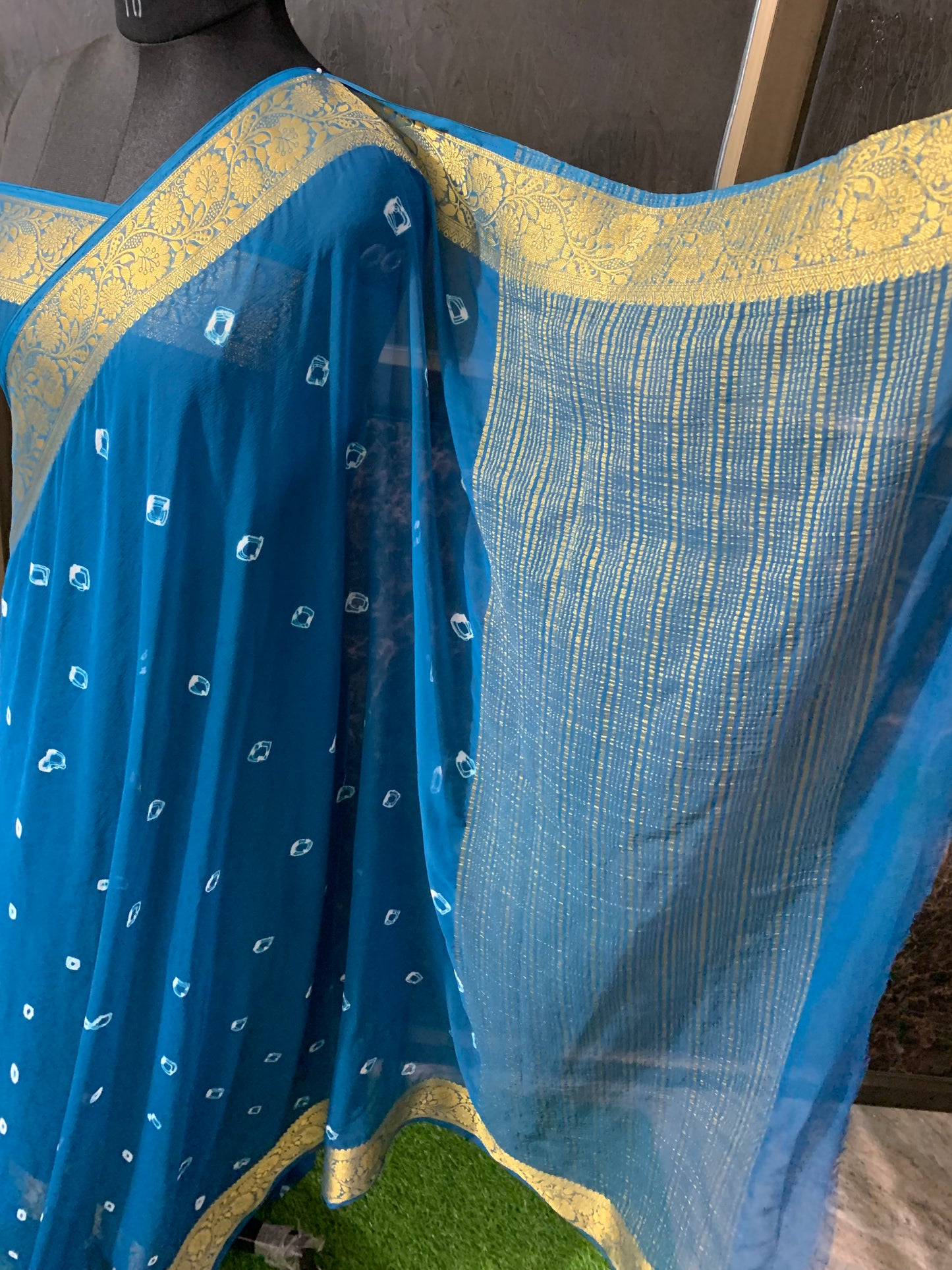 (Dark Blue)Chiffon bandhani saree