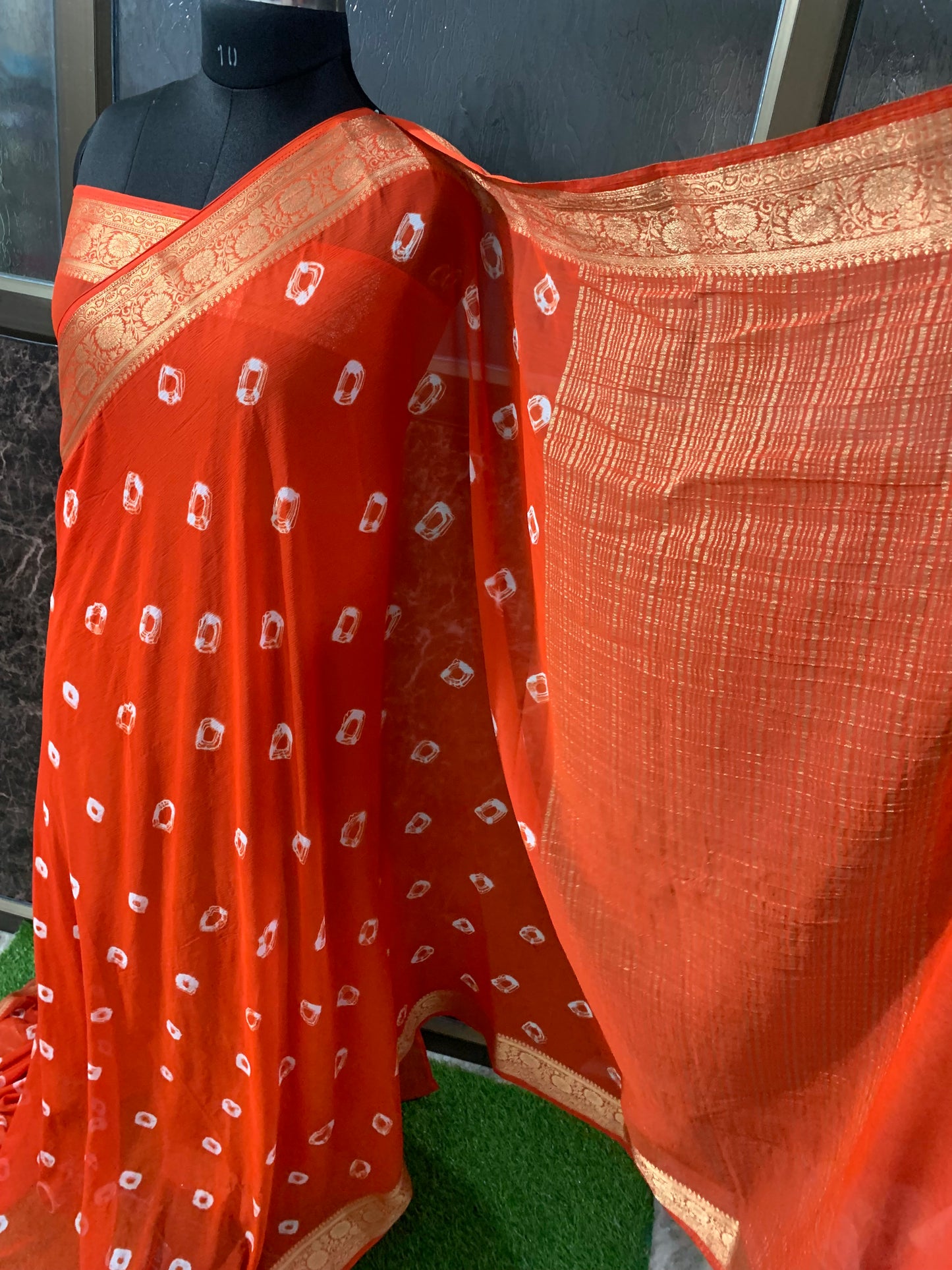 (Orange)Chiffon bandhani saree