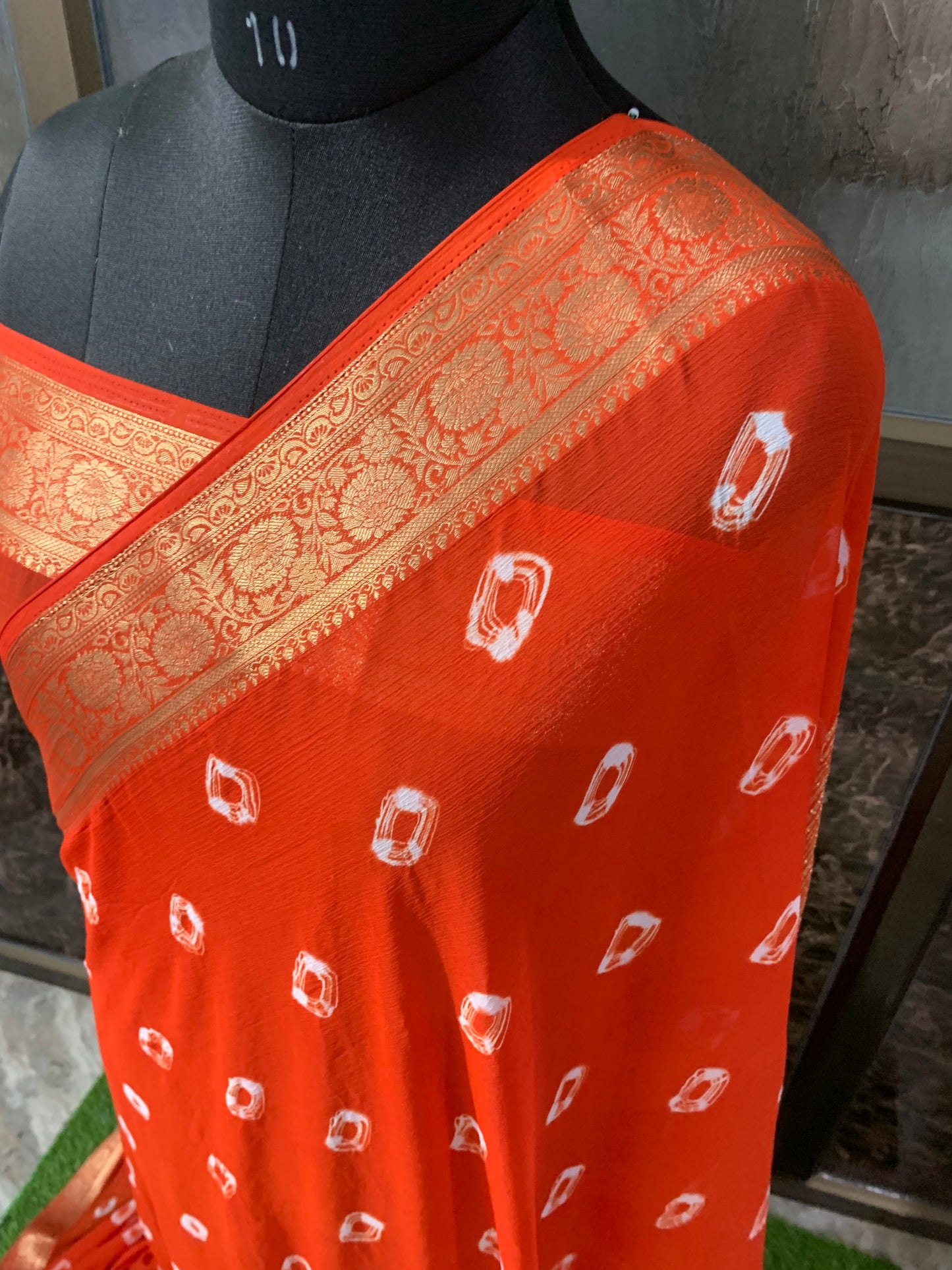 (Orange)Chiffon bandhani saree