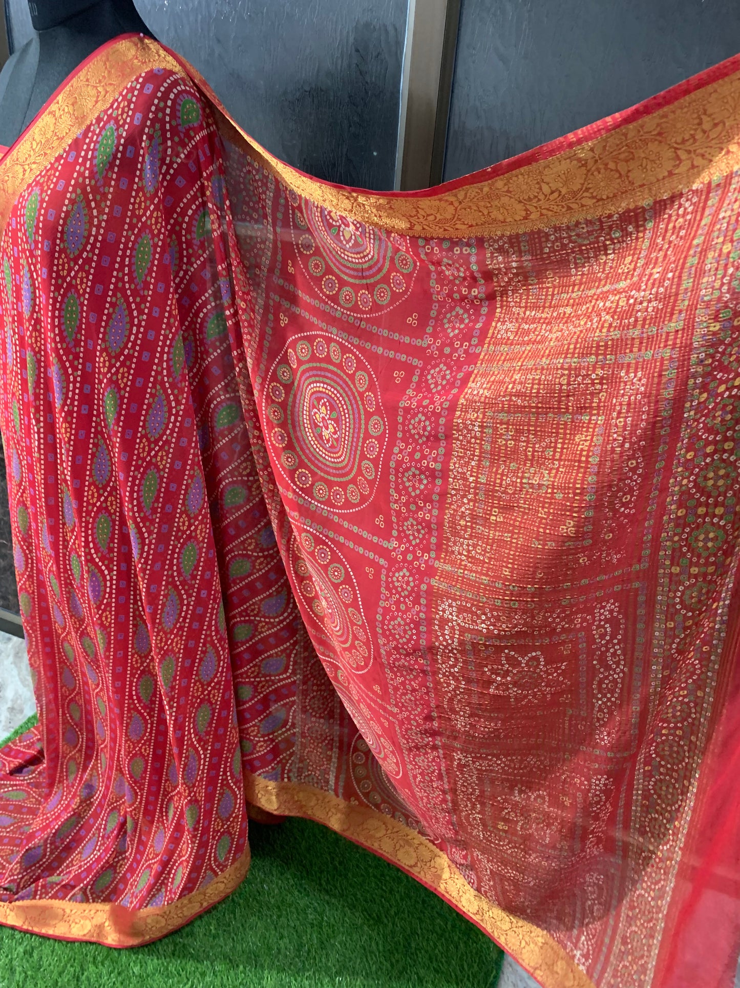(Red)Printed bandhani chiffon saree