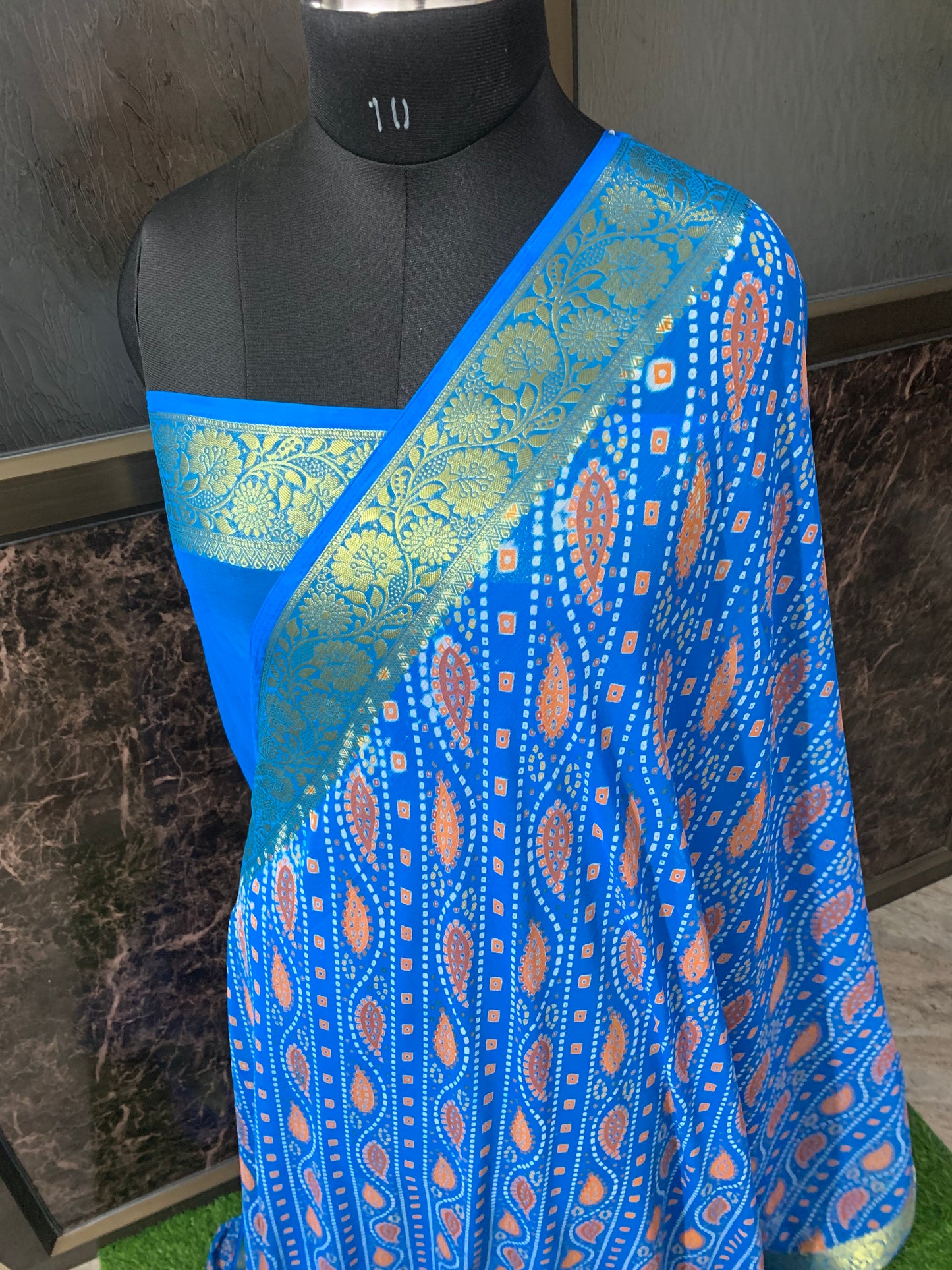 (Firozi)Printed bandhani chiffon saree