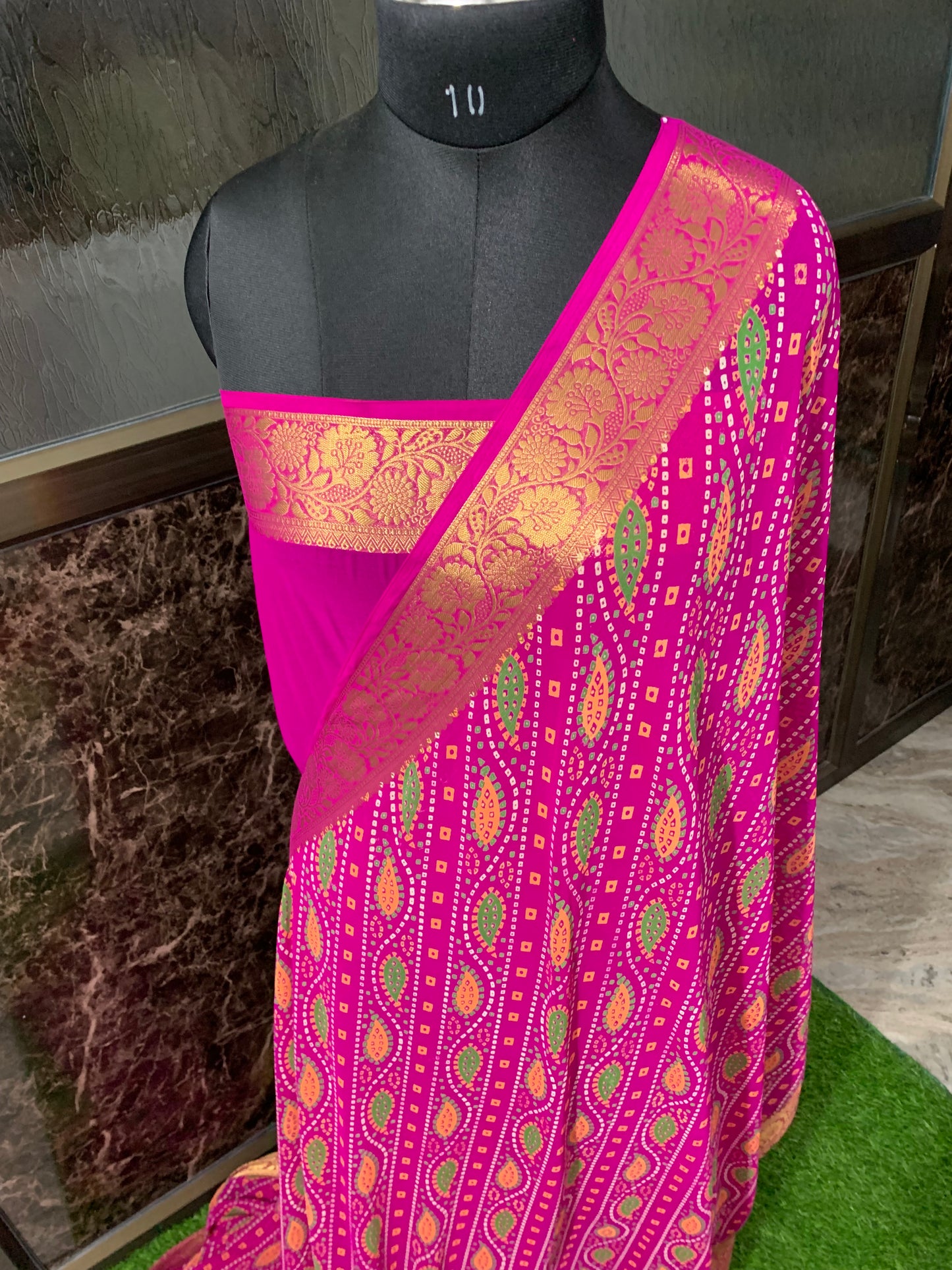(Rani)Printed bandhani chiffon saree