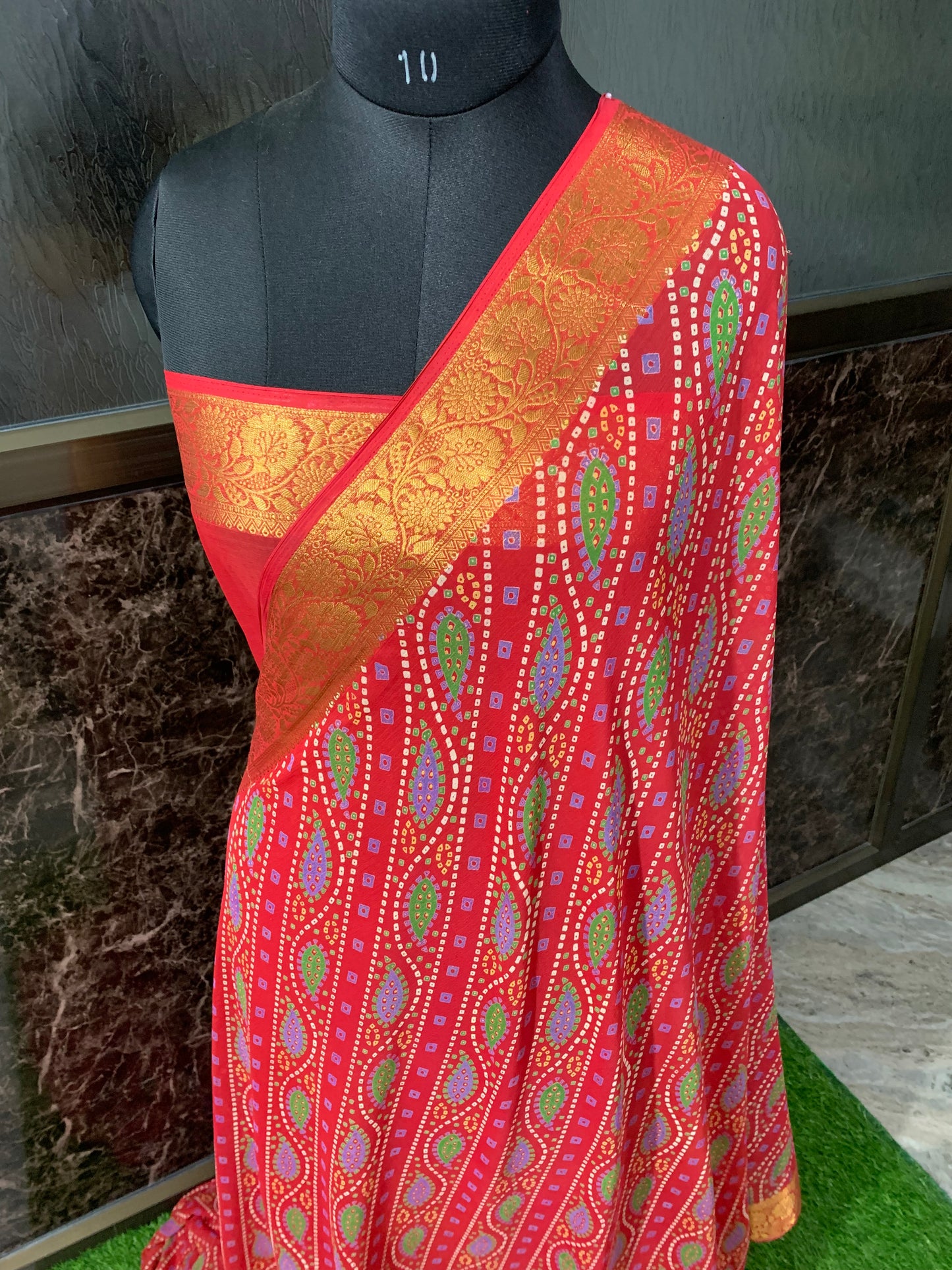 (Red)Printed bandhani chiffon saree