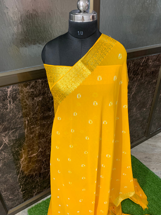 (Yellow)Chiffon bandhani saree