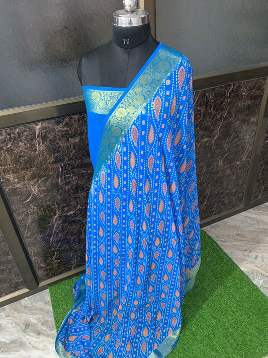 (Firozi)Printed bandhani chiffon saree