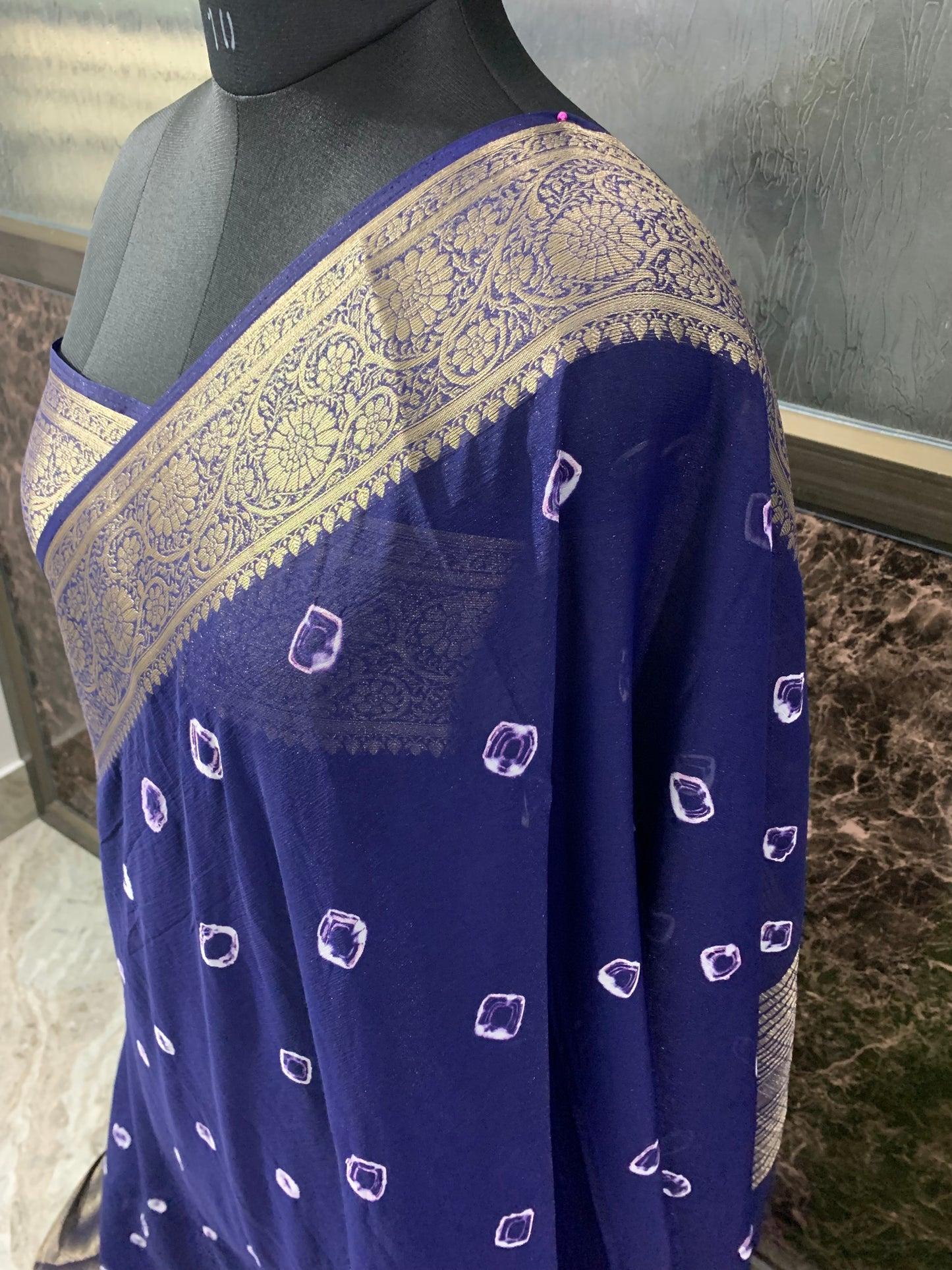(Navy)Chiffon bandhani saree