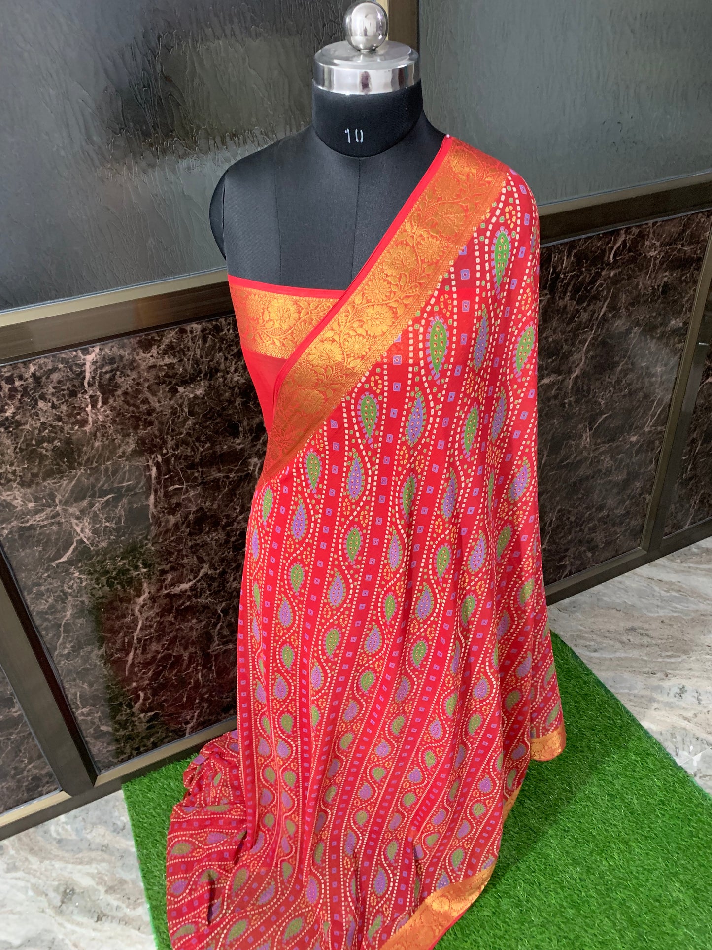 (Red)Printed bandhani chiffon saree