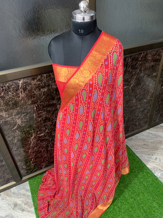 (Red)Printed bandhani chiffon saree