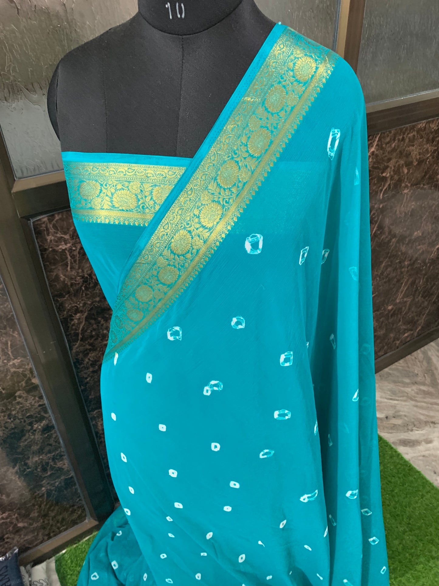 (Sea green) Chiffon bandhani saree