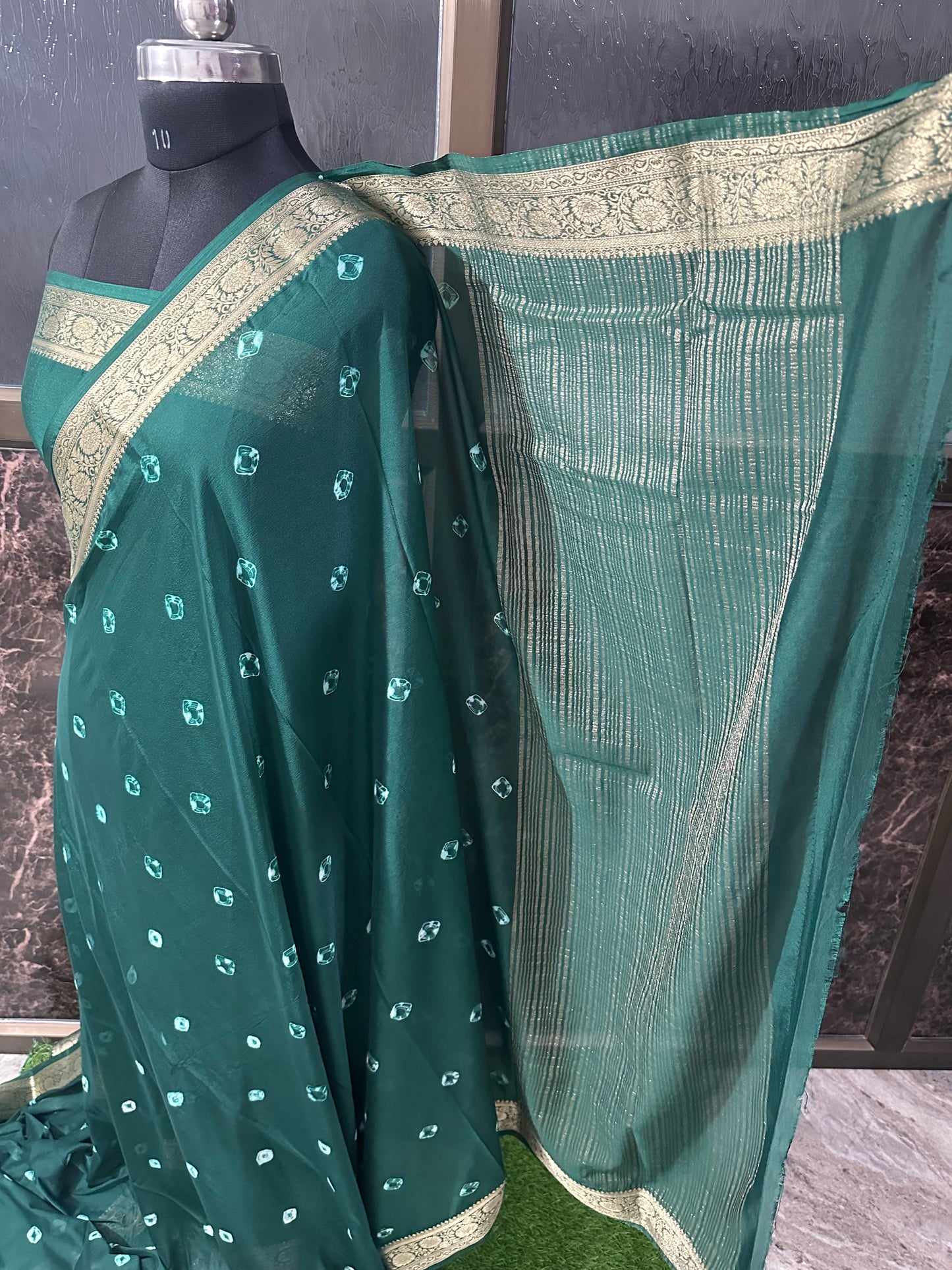 (Bottle Green)Chiffon bandhani saree