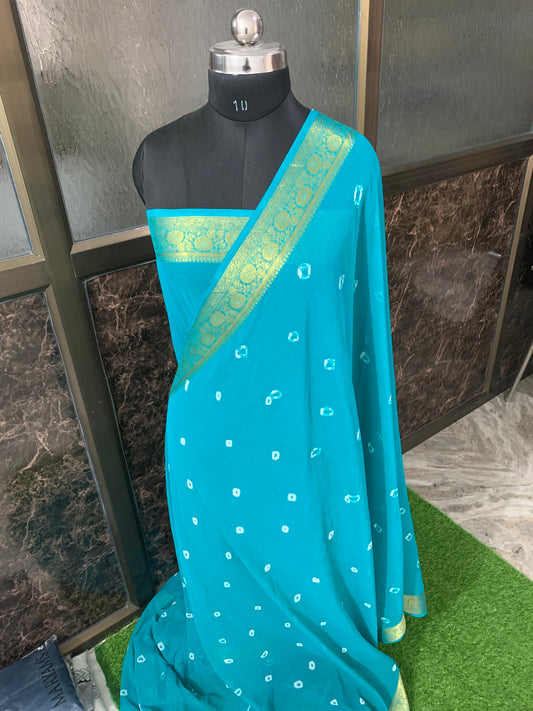 (Sea green) Chiffon bandhani saree