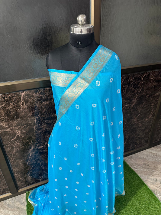 (Firozi)Chiffon bandhani saree