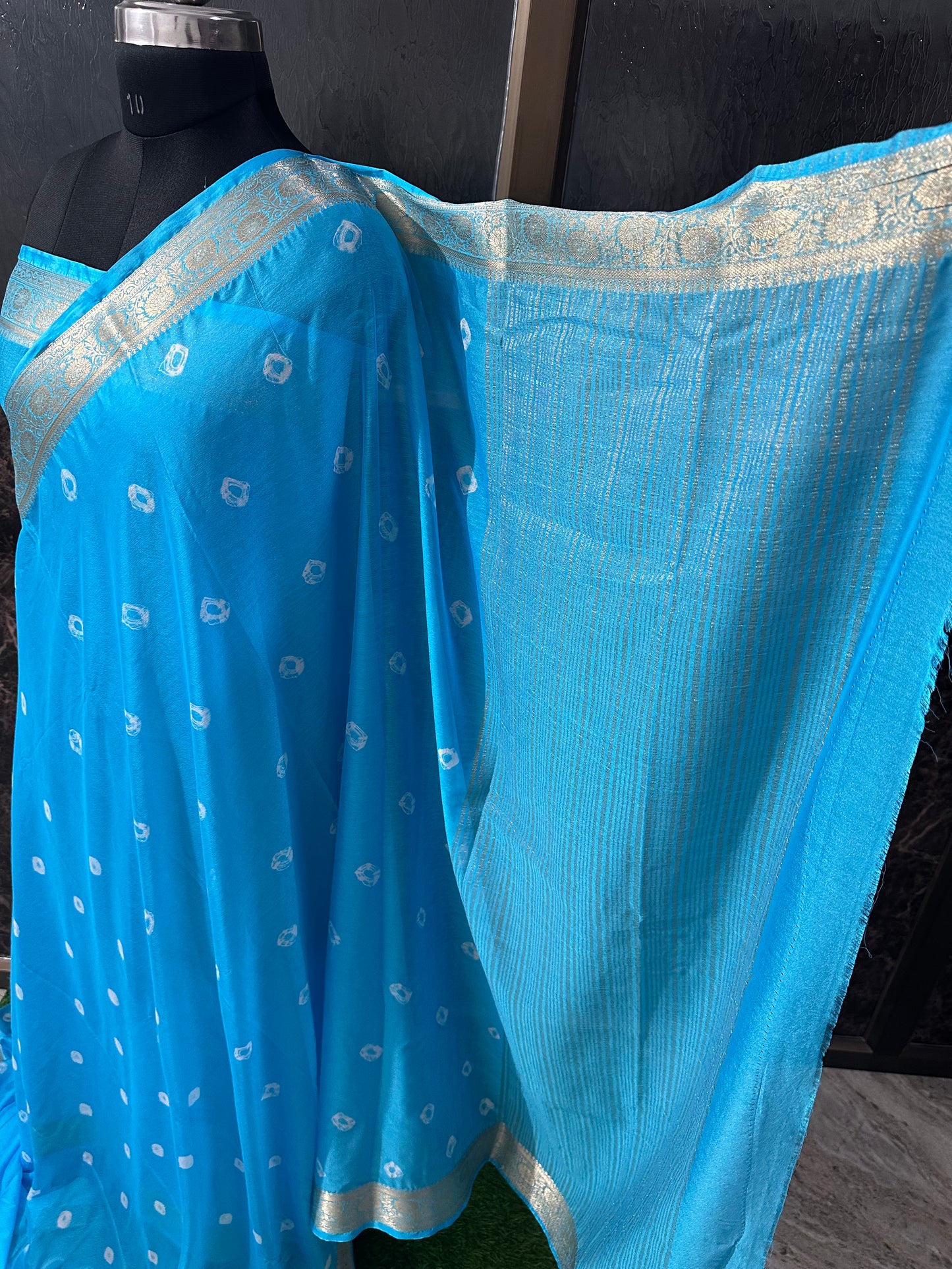 (Firozi)Chiffon bandhani saree
